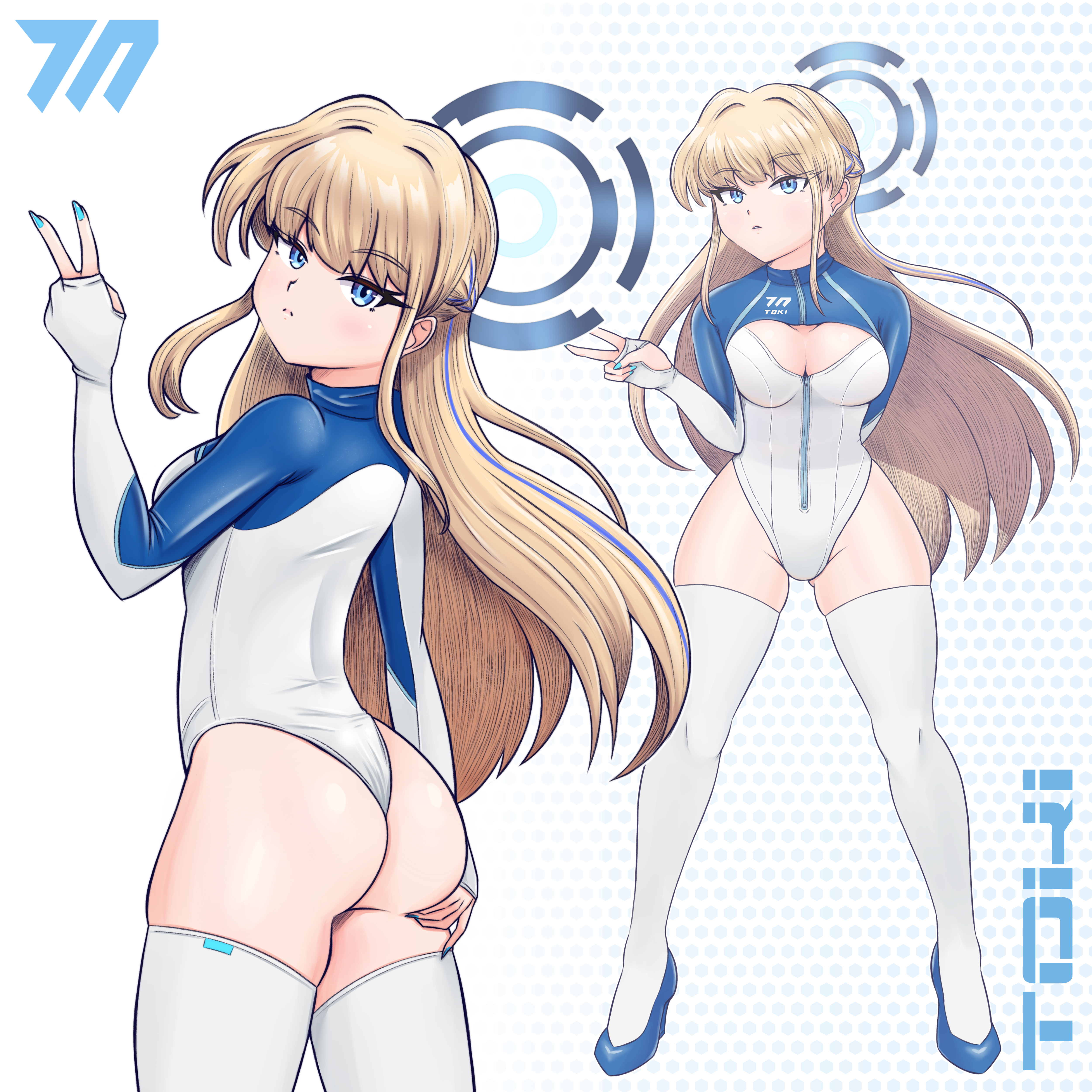 optoem, toki (blue archive), blue archive, absurdres, highres, 1girl, ass, blonde hair, blue eyes, blue halo, blue shoes, braid, breasts, bridal gauntlets, cleavage cutout, clothing cutout, cowboy shot, from behind, full body, half up braid, half updo, halo, highleg, highleg leotard, leotard, long hair, looking at viewer, looking back, medium breasts, millennium science school logo, multicolored leotard, multiple views, shoes, thighhighs, two-tone leotard, white leotard, white thighhighs