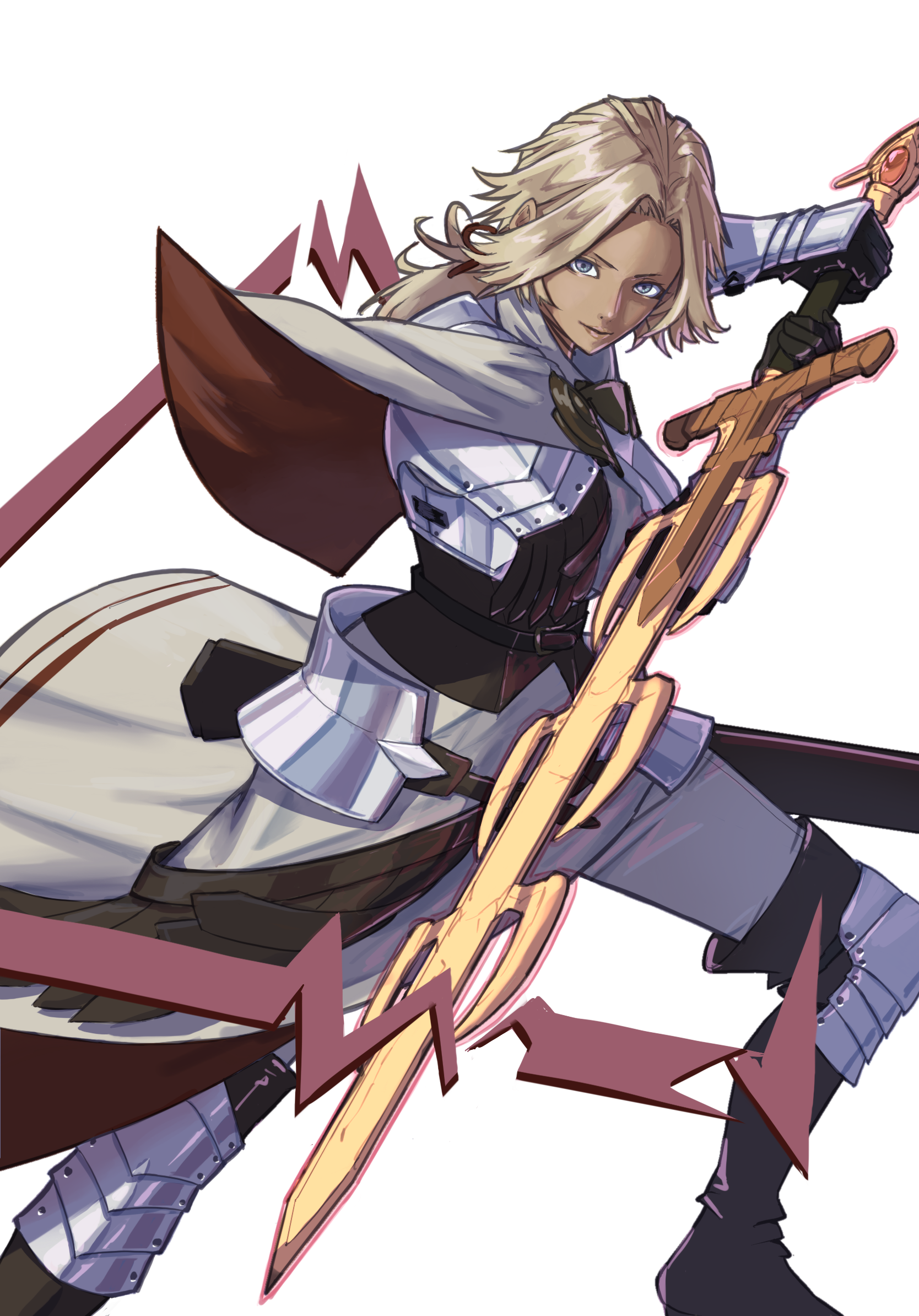 gwine 55, catherine (fire emblem), fire emblem, fire emblem: three houses, nintendo, highres, 1girl, armor, blonde hair, blue eyes, breastplate, capelet, dark-skinned female, dark skin, holding, holding sword, holding weapon, looking at viewer, pauldrons, ponytail, short hair, shoulder armor, solo, sword, thunderbrand, weapon