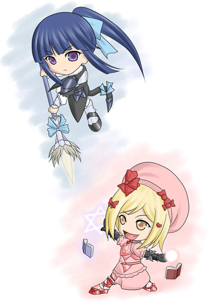 frederica bernkastel, lambdadelta, umineko no naku koro ni, pink headwear, 00s, 2girls, beret, blonde hair, blue hair, book, chibi, fang, hat, lance, long hair, magic, multiple girls, pentagram, polearm, ponytail, purple eyes, ribbon, short hair, spear, weapon, yellow eyes