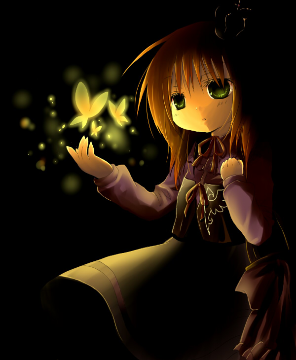 ushiromiya maria, umineko no naku koro ni, 00s, 1girl, bug, butterfly, crown, dress, female focus, green eyes, insect, orange hair, ribbon, solo
