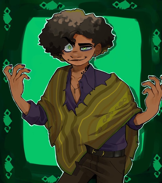 bruno madrigal, camilo madrigal, encanto, 1boy, afro, brown eyes, brown hair, bruno madrigal (cosplay), colombian clothes, cosplay, curly hair, dark-skinned female, dark-skinned male, dark skin, looking at viewer, male focus, shirt, short hair, simple background, user gumu3228