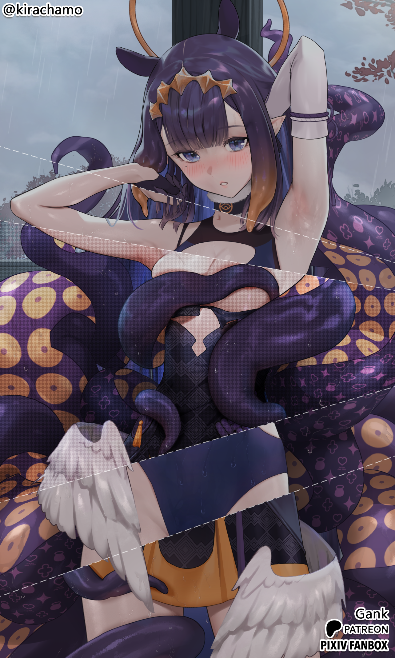 kirachamo, ninomae ina'nis, ninomae ina'nis (1st costume), hololive, hololive english, highres, 1girl, arm up, armpits, black dress, black gloves, black one-piece swimsuit, blue eyes, blush, breasts, covering breasts, covering privates, detached sleeves, diamond hairband, dress, gloves, gradient hair, hairband, halo, long hair, low wings, mole, mole under eye, multicolored hair, one-piece swimsuit, orange hair, orange hairband, orange halo, parted lips, pointy ears, purple hair, rain, single detached sleeve, small breasts, solo, strapless, strapless dress, swimsuit, tentacle hair, tentacles, tube dress, twitter username, virtual youtuber, white sleeves, white wings, wings