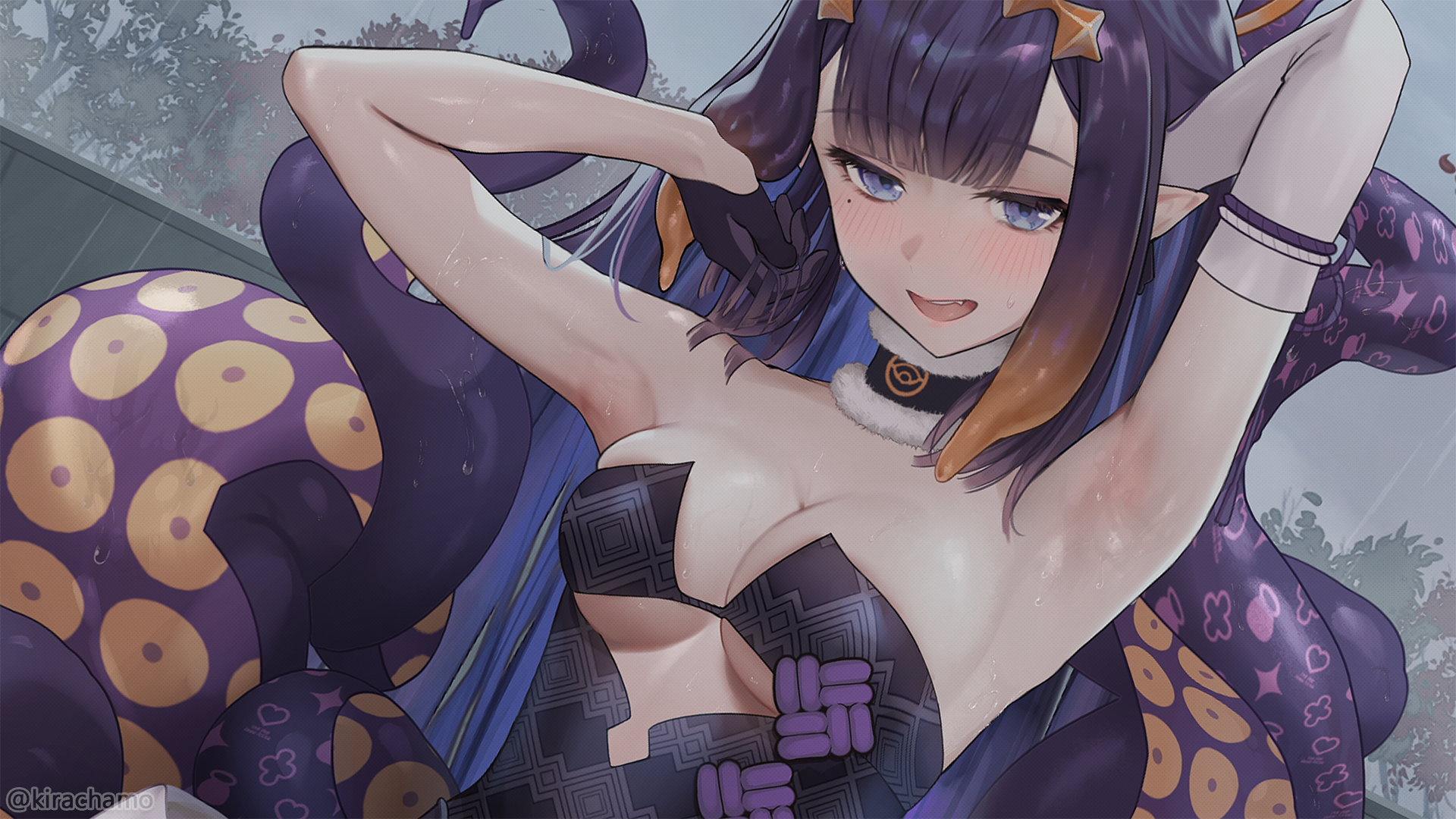 kirachamo, ninomae ina'nis, ninomae ina'nis (1st costume), hololive, hololive english, highres, 1girl, :d, alternate breast size (larger), arm behind head, armpit focus, armpits, black gloves, blush, breasts, center-flap bangs, cleavage, clothing cutout, detached collar, detached sleeves, fang, fur-trimmed collar, fur trim, gloves, gradient hair, grey sky, hair ornament, half gloves, hand up, jitome, looking at viewer, medium breasts, mole, mole under eye, multicolored hair, open mouth, orange hair, outdoors, pointy ears, presenting armpit, purple eyes, purple hair, rain, single detached sleeve, sky, smile, solo, tentacle hair, tentacles, twitter username, underboob cutout, upper body, virtual youtuber, wet, white sleeves