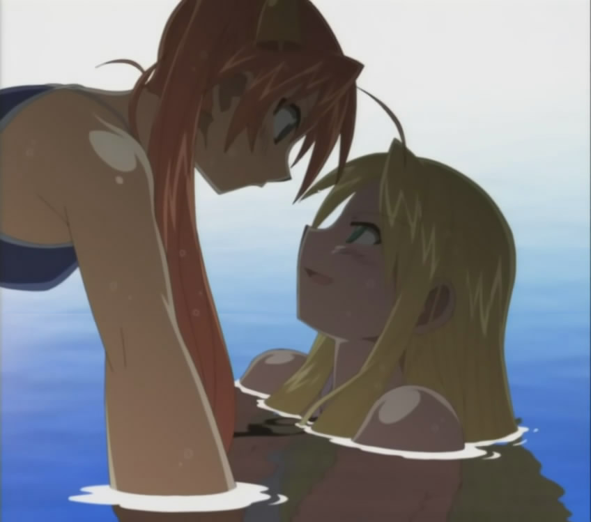 kagurazaka asuna, yukihiro ayaka, mahou sensei negima!, anime screenshot, stitched, third-party edit, 00s, 2girls, ahoge, artistic error, bell, blonde hair, green eyes, long hair, multiple girls, orange hair, swimsuit, twintails, water, wet
