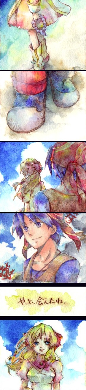 michibata 65, kid (chrono cross), serge (chrono cross), chrono (series), chrono cross, highres, long image, tall image, translated, 1boy, 1girl, bandana, blonde hair, blue eyes, blue hair, braid, good end, long hair