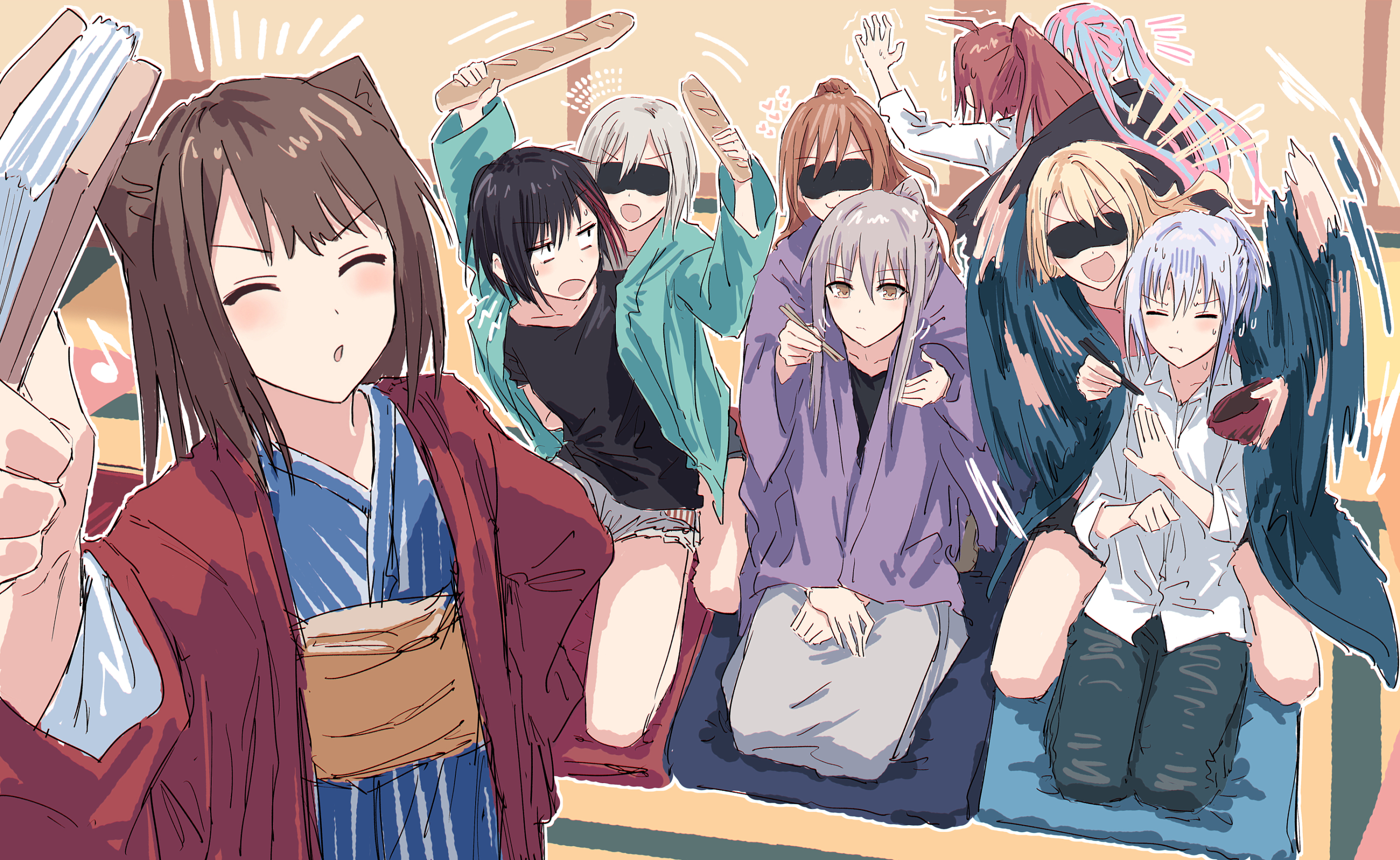 bullfalk, aoba moca, imai lisa, kirigaya toko, kurata mashiro, minato yukina, mitake ran, nyubara reona, tamade chiyu, toyama kasumi, bang dream!, commentary, hashtag-only commentary, highres, 6+girls, ^ ^, ahoge, aqua jacket, baguette, black hair, black jacket, black pants, black shirt, blonde hair, blue hair, blue jacket, blue kimono, bob cut, bowl, bread, brown hair, chopsticks, closed eyes, collarbone, collared shirt, cone hair bun, double bun, dress shirt, dual wielding, eighth note, eye mask, food, glowing lines, grey hair, grey shorts, grey skirt, hair bun, hair ears, hanten (clothes), heart, high ponytail, holding, holding bowl, holding chopsticks, holding food, jacket, japanese clothes, kimono, long hair, long skirt, medium hair, motion lines, multicolored hair, multiple girls, musical note, pants, parted lips, pink hair, ponytail, red hair, red jacket, sanpaku, seiza, shared clothes, shared jacket, shirt, short hair, short shorts, shorts, sidelocks, sitting, skirt, smear frame, streaked hair, three-quarter sleeves, trembling, twintails, two-tone hair, white hair, white shirt, yellow eyes, yukata