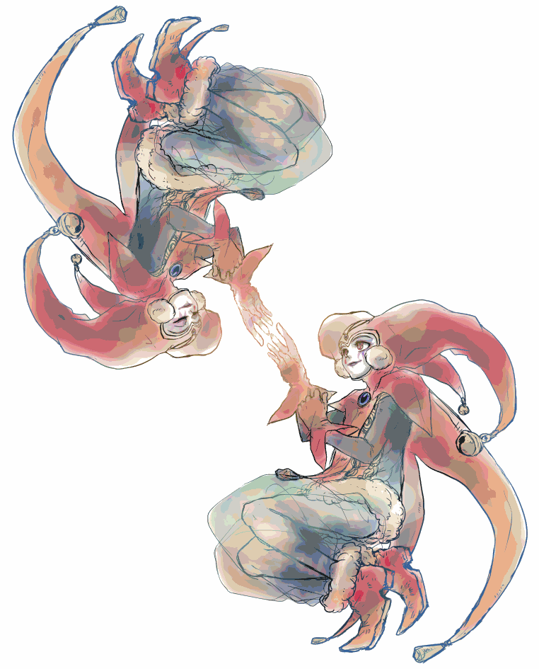 ikunosake, nama sake, harle (chrono cross), chrono (series), chrono cross, 2girls, facepaint, fur-trimmed pants, fur trim, harlequin, hat, jester cap, multiple girls, pants, see-through clothes, see-through pants