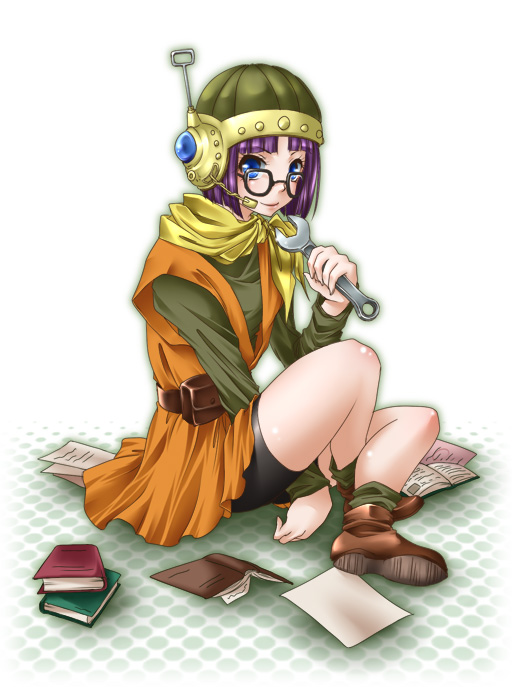 hacka, lucca ashtear, chrono (series), chrono trigger, bad id, bad pixiv id, 1990s (style), 1girl, blue eyes, book, female focus, glasses, helmet, paper, purple hair, retro artstyle, short hair, sitting, solo, wrench