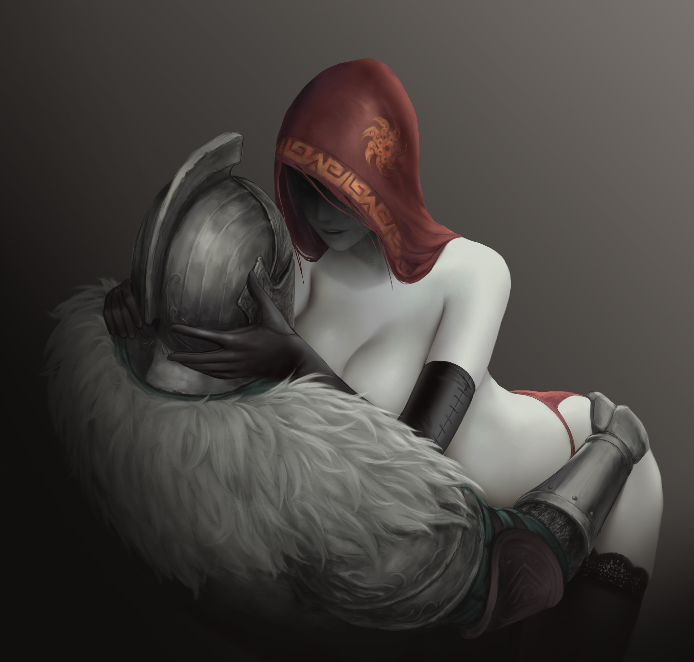 bearer of the curse, desert sorceress, dark souls (series), dark souls ii, commentary, english commentary, highres, 1girl, 1other, ambiguous gender, armor, black gloves, black thighhighs, breasts, chainmail, cleavage, closed mouth, colored skin, elbow gloves, fur collar, gauntlets, gloves, grey skin, hand on another's ass, hands on another's head, helm, helmet, lace, lace thighhighs, large breasts, lips, open mouth, realistic, red hood, red skirt, skirt, thighhighs, veil, violet (highway0953)