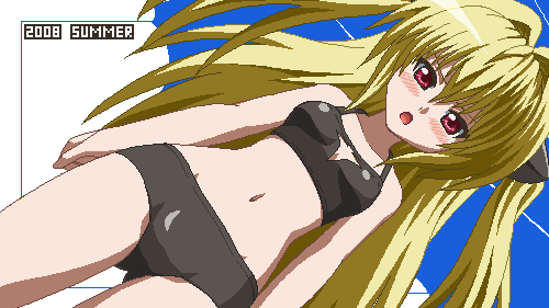 awa, konjiki no yami, to love-ru, lowres, 00s, bikini, black bikini, blonde hair, blush, jaggy lines, long hair, midriff, navel, oekaki, outdoors, red eyes, solo, swimsuit