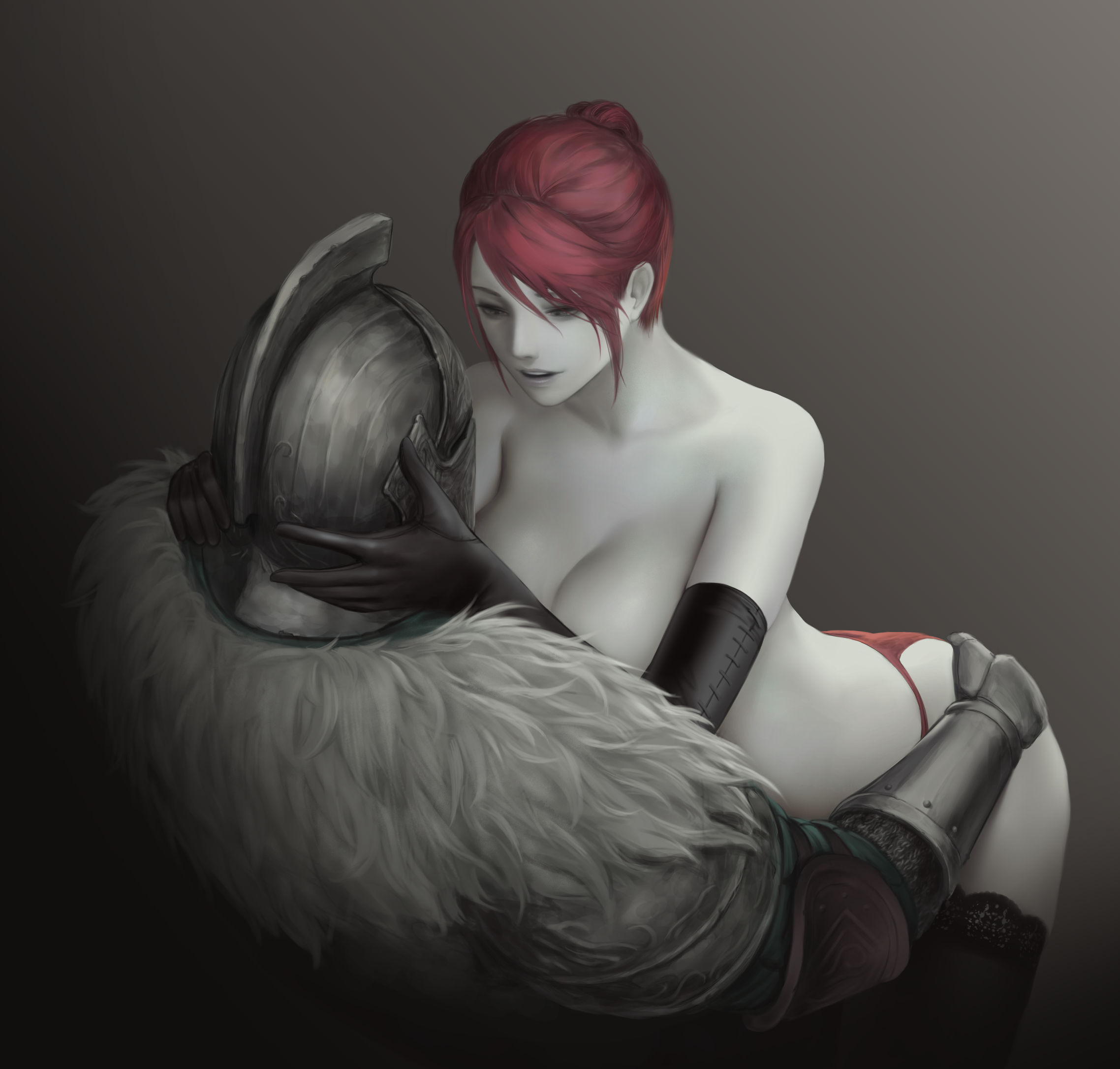 bearer of the curse, desert sorceress, dark souls (series), dark souls ii, commentary, english commentary, highres, 1girl, 1other, ambiguous gender, armor, black gloves, black thighhighs, breasts, chainmail, cleavage, closed mouth, colored skin, elbow gloves, fur collar, gauntlets, gloves, grey eyes, grey skin, hair bun, hand on another's ass, hands on another's head, helm, helmet, lace, lace thighhighs, large breasts, lips, open mouth, realistic, red hair, red skirt, single hair bun, skirt, thighhighs, violet (highway0953)