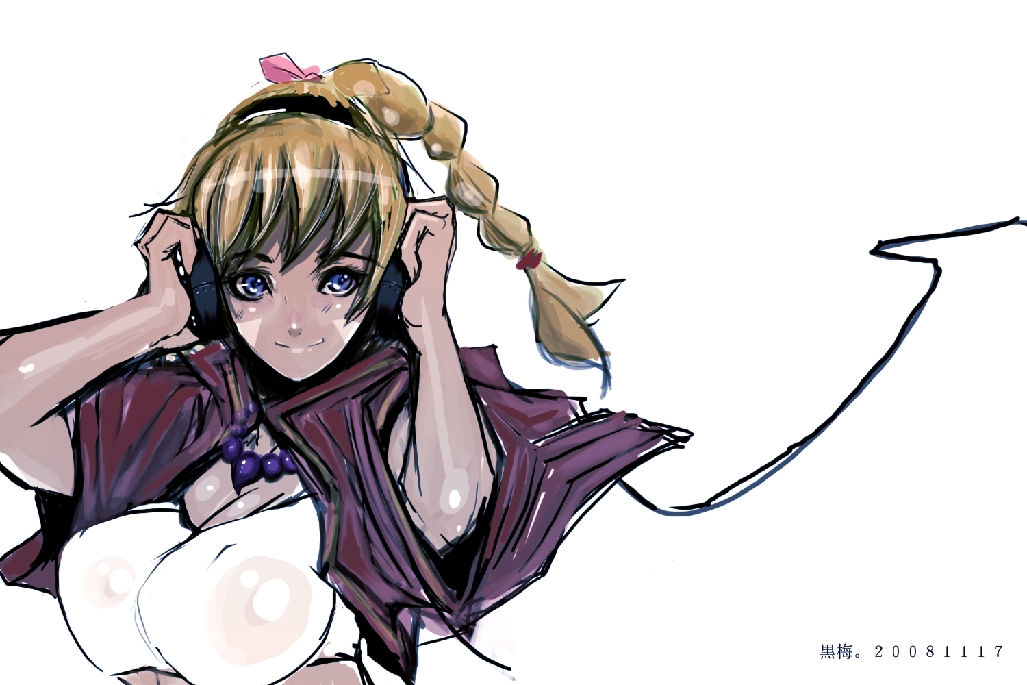 kuroki kazuaki, kuroume, kid (chrono cross), chrono (series), chrono cross, bad id, bad pixiv id, 1girl, blonde hair, blue eyes, braid, female focus, headphones, high ponytail, jewelry, multi-tied hair, necklace, ponytail, solo
