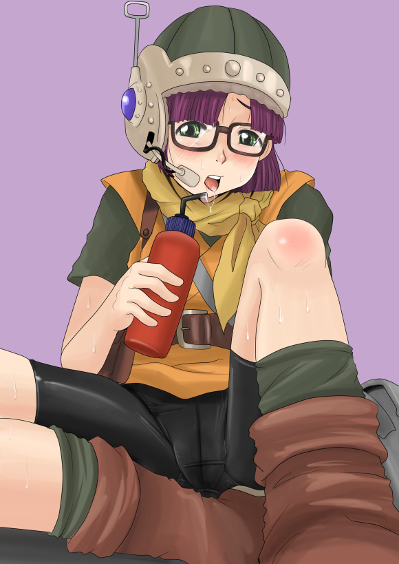 nullhachi, lucca ashtear, chrono (series), chrono trigger, bad id, bad pixiv id, 1990s (style), 1girl, bottle, drink, female focus, glasses, green eyes, helmet, purple hair, retro artstyle, saliva, see-through clothes, short hair, solo, sweat