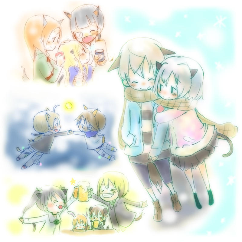 muro, charlotte e. yeager, eila ilmatar juutilainen, erica hartmann, francesca lucchini, gertrud barkhorn, lynette bishop, minna-dietlinde wilcke, miyafuji yoshika, perrine h. clostermann, sakamoto mio, sanya v. litvyak, strike witches, world witches series, 00s, 6+girls, ^ ^, animal ears, blue eyes, blush, brown hair, cat ears, cat tail, closed eyes, full body, holding hands, hug, kemonomimi mode, long hair, long sleeves, multiple girls, rabbit ears, rabbit girl, standing, tail, yuri