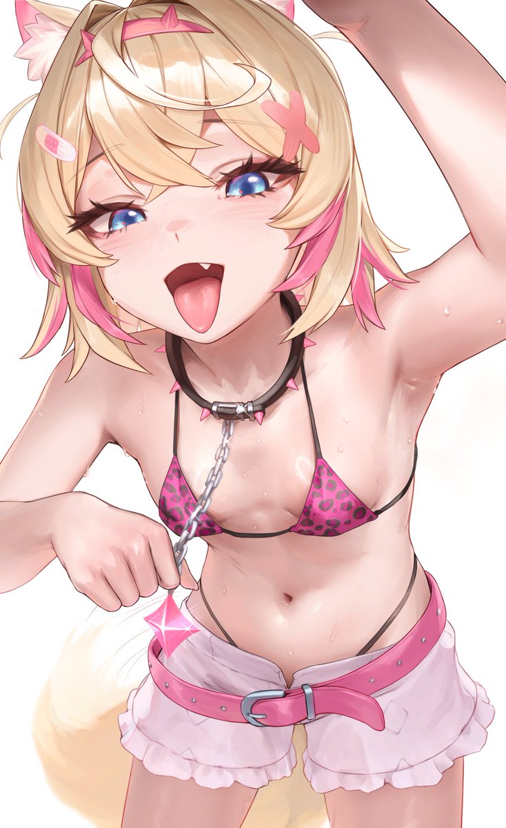 padoruu, mococo abyssgard, mococo abyssgard (1st costume), hololive, hololive english, commentary request, highres, 1girl, animal collar, animal ears, animal print, arm up, armpits, bandaid, bandaid hair ornament, belt, bikini, bikini under shorts, black collar, blonde hair, blue eyes, breasts, collar, crossed bangs, dog ears, dog girl, dog tail, double-parted bangs, fake horns, fang, frilled shorts, frills, hair between eyes, hair intakes, hair ornament, hairband, horn hairband, horns, leopard print, leopard print bikini, leopard print bra, looking at viewer, midriff, multicolored hair, navel, no shirt, open fly, open mouth, pink belt, pink hair, pink hairband, print bikini, shirt, short hair, short shorts, shorts, simple background, small breasts, solo, spiked collar, spikes, stomach, streaked hair, sweat, swimsuit, tail, tongue, tongue out, two side up, underwear, virtual youtuber, white background, white shirt, x hair ornament