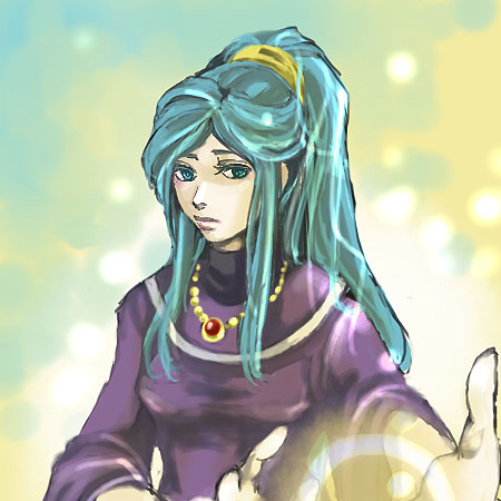 sena (artist), sena (chiko), schala zeal, chrono (series), chrono trigger, bad id, bad pixiv id, lowres, 1990s (style), 1girl, blue eyes, blue hair, female focus, matching hair/eyes, ponytail, retro artstyle, solo