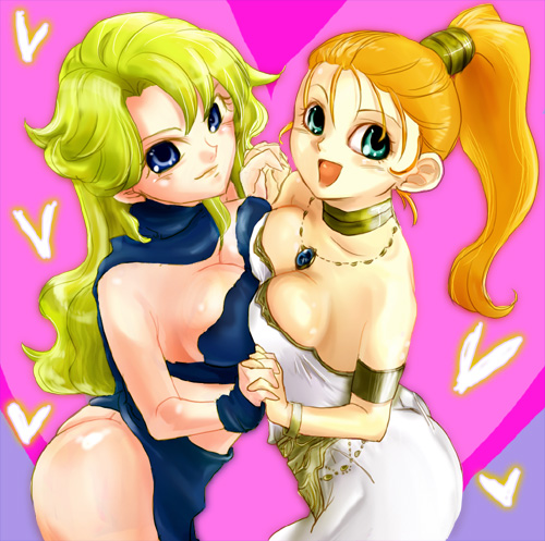 sakata3, ayla (chrono trigger), marle (chrono trigger), chrono (series), chrono trigger, bad id, lowres, 1990s (style), 2girls, blonde hair, breast press, breasts, cleavage, green eyes, jewelry, large breasts, long hair, multiple girls, pendant, ponytail, purple eyes, symmetrical docking, yuri