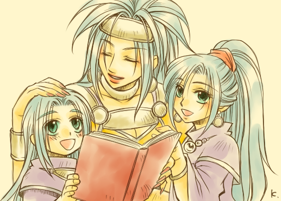 kuro inu (red noname king), red noname king, janus zeal, queen zeal, schala zeal, chrono (series), chrono trigger, 1990s (style), 1boy, 2girls, age difference, blue hair, blush, book, bracelet, breasts, brother and sister, child, dress, earrings, facing another, family, fingernails, green eyes, hair between eyes, hair tie, hand on another's head, hand up, happy, headband, headpat, high ponytail, holding, holding book, jewelry, long hair, looking at another, looking up, mother and daughter, mother and son, multiple girls, nail polish, necklace, open book, open mouth, parted lips, ponytail, purple dress, retro artstyle, siblings, simple background, smile, teeth, tongue, upper body, yellow dress