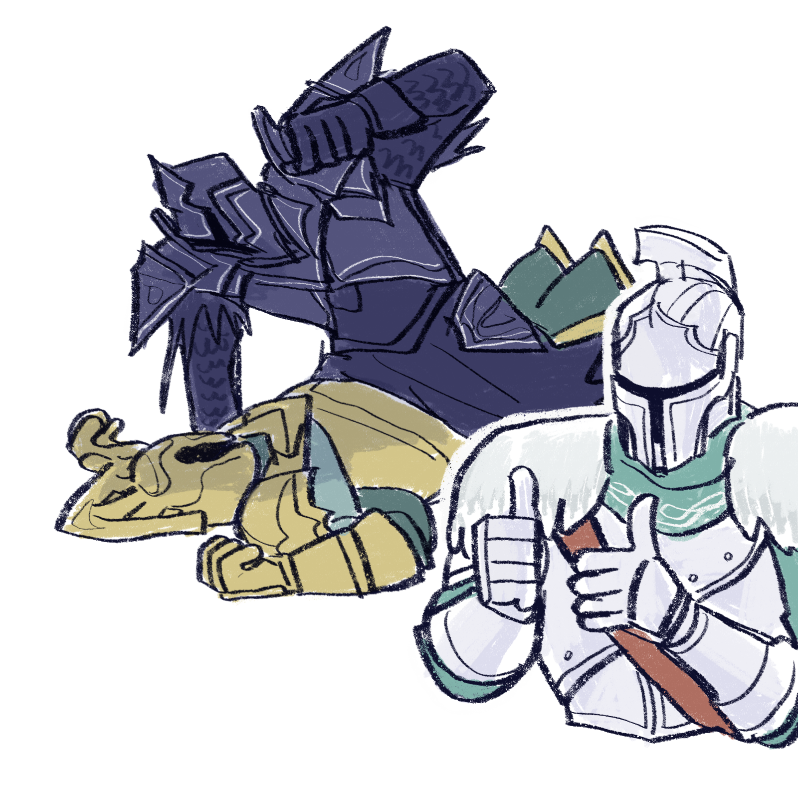 bearer of the curse, fume knight, velstadt the royal aegis, dark souls (series), dark souls ii, commentary, english commentary, highres, 1other, 2boys, akalorterian, ambiguous gender, armor, black armor, breastplate, fighting, gauntlets, gold armor, green shirt, helm, helmet, knight, multiple boys, punching, shirt, simple background, thumbs up, upper body, white background