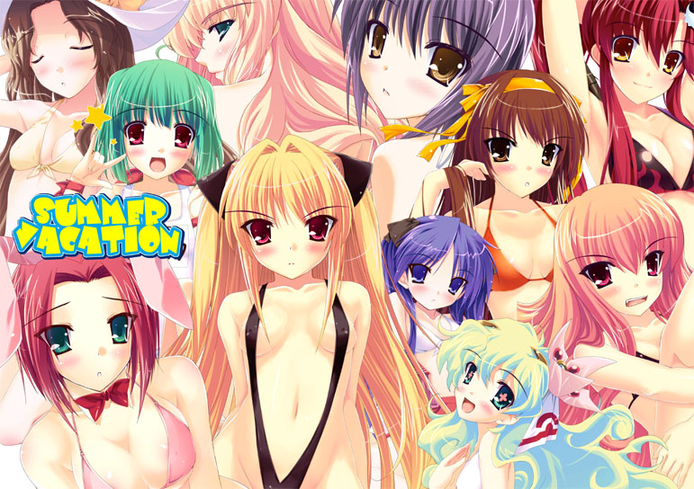 yuki usagi, hiiragi kagami, konjiki no yami, kouzuki kallen, louise francoise le blanc de la valliere, nagato yuki, nia teppelin, nunnally vi britannia, ranka lee, sheryl nome, suzumiya haruhi, yoko littner, code geass, lucky star, macross, macross frontier, suzumiya haruhi no yuuutsu, tengen toppa gurren lagann, to love-ru, zero no tsukaima, bad id, bad pixiv id, 00s, 6+girls, m/, animal ears, bikini, blind, crossover, harem, loli, multiple crossover, multiple girls, rabbit ears, slingshot swimsuit, summer, swimsuit