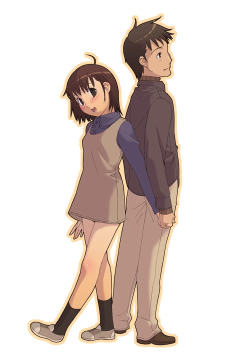 ootomo takuji, black legwear, 1boy, 1girl, ahoge, back-to-back, blush, brown eyes, brown hair, couple, dress, full body, hetero, holding hands, outline, short hair, standing, transparent background, white background