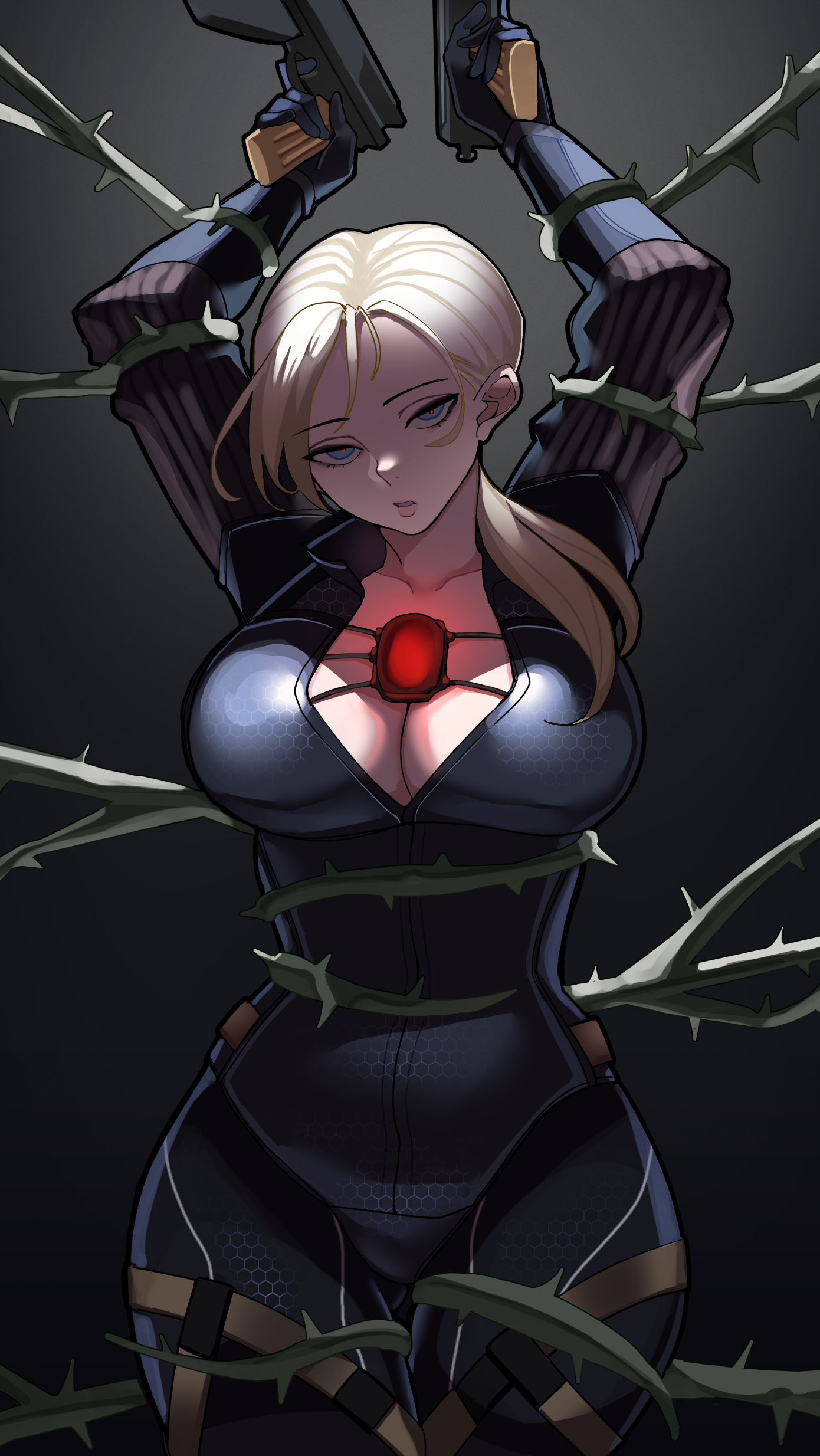 ceroccb, jill valentine, resident evil, resident evil 5, absurdres, highres, 1girl, arms up, blonde hair, blue bodysuit, blue eyes, bodysuit, bound, bound arms, breasts, cleavage, dual wielding, grey background, gun, holding, holding gun, holding weapon, large breasts, looking at viewer, mind control, parted lips, ponytail, skin tight, solo, thorns, weapon
