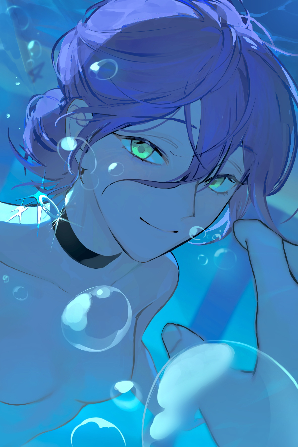 reze (chainsaw man), chainsaw man, highres, 1girl, 1other, air bubble, black choker, breasts, bubble, choker, closed mouth, green eyes, grenade pin, hair between eyes, light smile, looking at viewer, nude, purple hair, small breasts, submerged, underwater, until stil