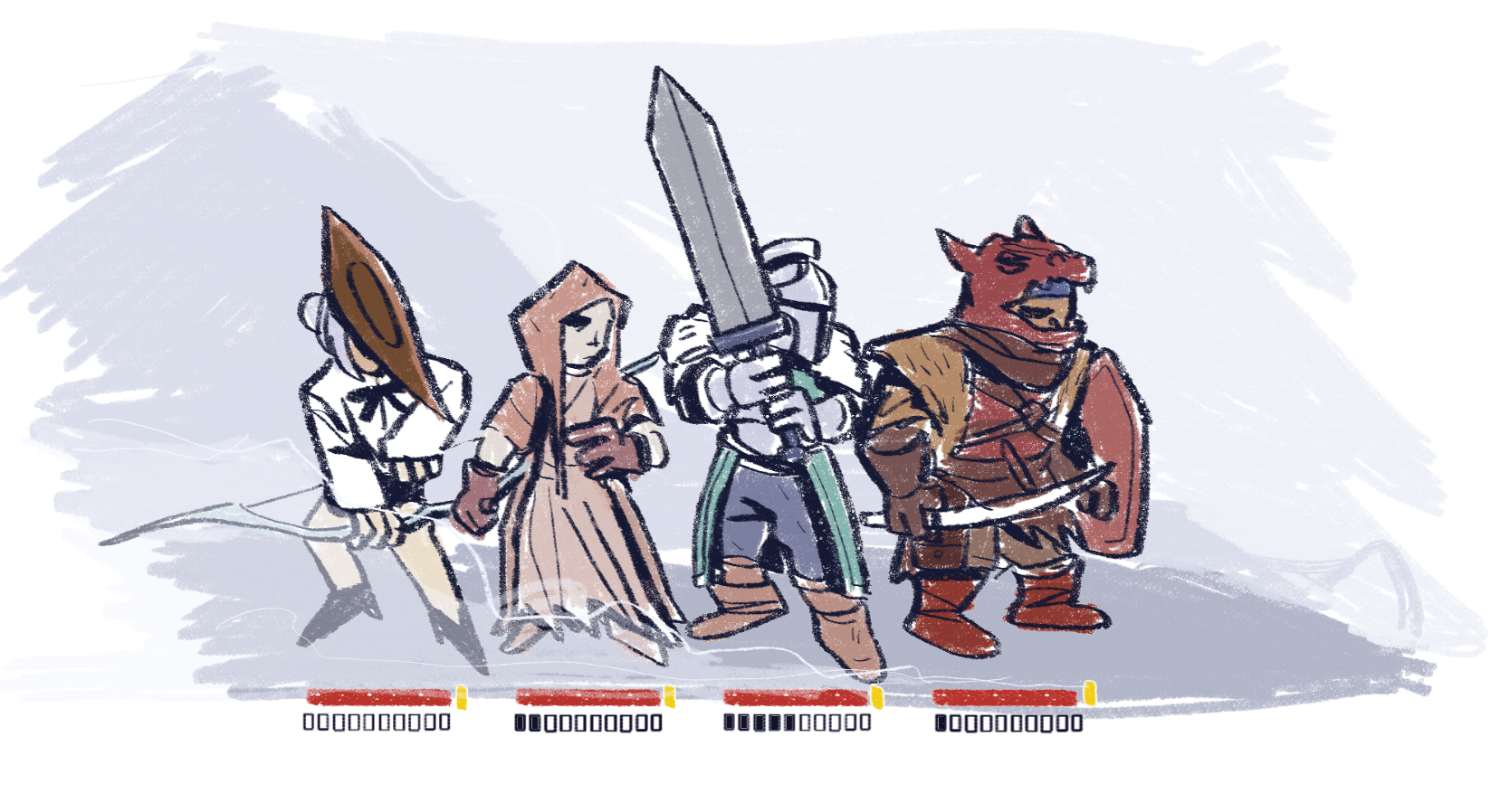 bearer of the curse, dark souls (series), dark souls ii, darkest dungeon, commentary, english commentary, highres, 1boy, 1other, 2girls, abbess feeva, akalorterian, ambiguous gender, belt, boots, bow (weapon), brown belt, brown boots, brown coif, brown dress, brown gloves, brown hat, brown shirt, dress, full body, gloves, greatsword, green shirt, grey hair, hat, head of vengral, health bar, helm, helmet, holding, holding bow (weapon), holding shield, holding sword, holding weapon, knight, manhunter o'harrah, multiple girls, parody, shield, shirt, short hair, standing, sword, weapon