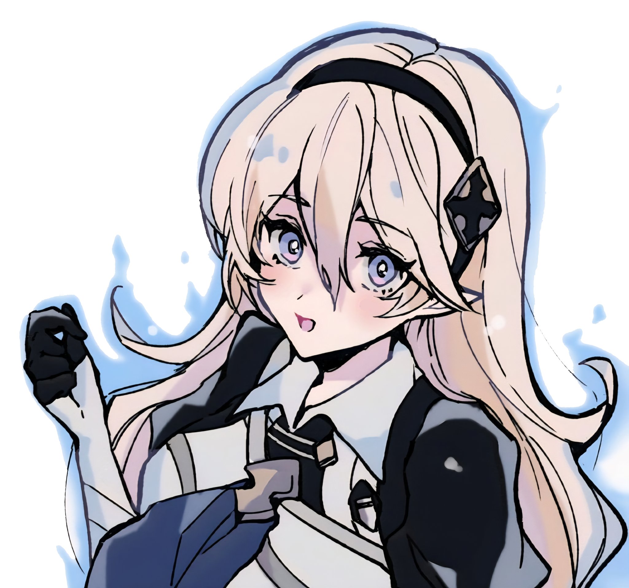oda32t, female corrin (emblem) (fire emblem), female corrin (fire emblem), fire emblem, fire emblem engage, fire emblem fates, fire emblem heroes, nintendo, highres, 1girl, aura, black gloves, black hairband, blue aura, blue eyes, blush, cape, gloves, grey hair, hair between eyes, hairband, long hair, looking at viewer, open mouth, pointy ears, simple background, smile, solo, upper body, white background