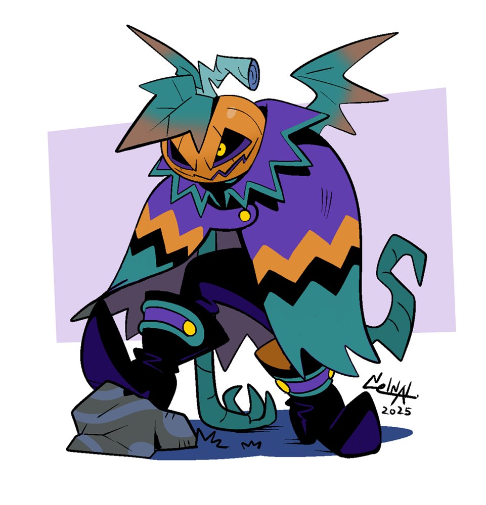 nelnal, original, commentary, symbol-only commentary, black boots, boot straps, boots, cape, contrapposto, gradient wings, grass, green cape, green wings, halloween, jack-o'-lantern, long arms, long sleeves, looking at viewer, male focus, multicolored cape, multicolored wings, on rock, open mouth, orange cape, orange wings, pumpkin, purple cape, simple background, solo, wings, yellow eyes