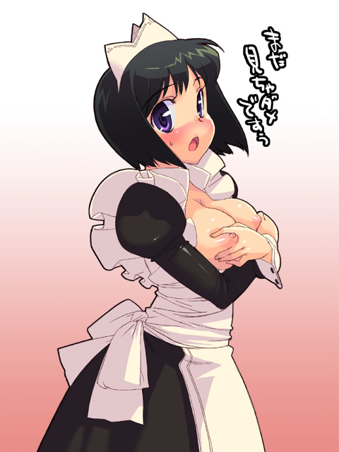 ootomo takuji, siesta (zero no tsukaima), zero no tsukaima, breast hold, translated, 00s, 1girl, black hair, blush, breasts, covering breasts, covering privates, female focus, large breasts, maid, nipples, purple eyes, short hair, solo