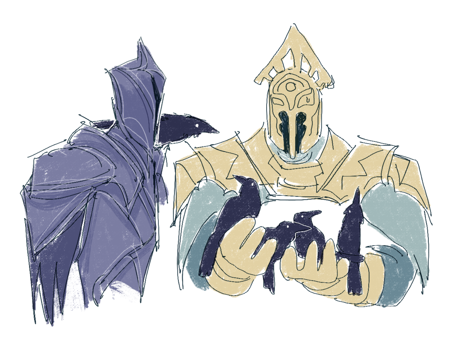 fume knight, velstadt the royal aegis, dark souls (series), dark souls ii, commentary, english commentary, 2boys, akalorterian, animal, animal on shoulder, armor, bird, bird on shoulder, black armor, crow, full armor, gold armor, helm, helmet, holding, holding animal, holding bird, knight, multiple boys, simple background, upper body, white background