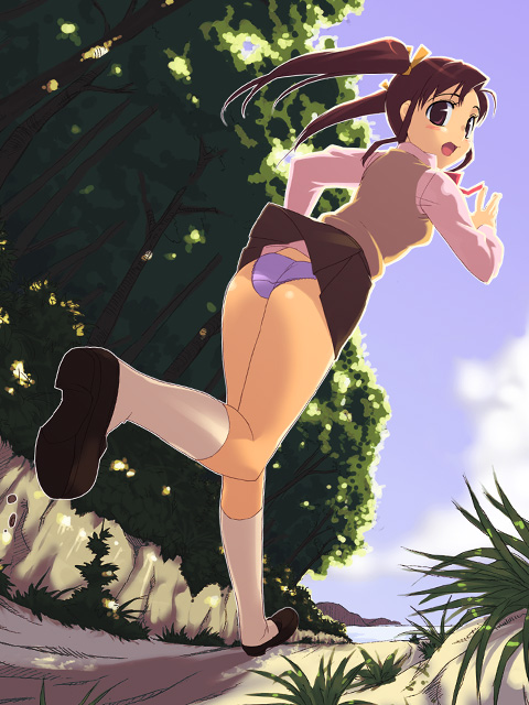 ootomo takuji, original, ass, blue panties, blush, brown eyes, brown hair, day, legs, outdoors, outline, panties, school uniform, sky, socks, solo, twintails, underwear, white socks