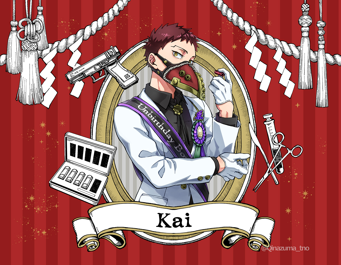 tsunao, overhaul (boku no hero academia), boku no hero academia, twisted wonderland, 1boy, ammunition box, award ribbon, beads, black sash, black shirt, bolo tie, border, brown hair, bullet, card (medium), card parody, character name, choppy bangs, collared shirt, flower knot, from side, gloves, gun, half gloves, hand on own elbow, hand up, handgun, holding, holding bullet, jacket, long sleeves, looking at viewer, male focus, mask, mouth mask, plague doctor mask, purple trim, red background, red mask, rope, round border, sash, scalpel, shide, shimenawa, shirt, short bangs, short hair, solo, sparkle, striped background, suit jacket, surgical scissors, tassel, upper body, very short hair, vial, weapon, white gloves, white jacket, yellow eyes