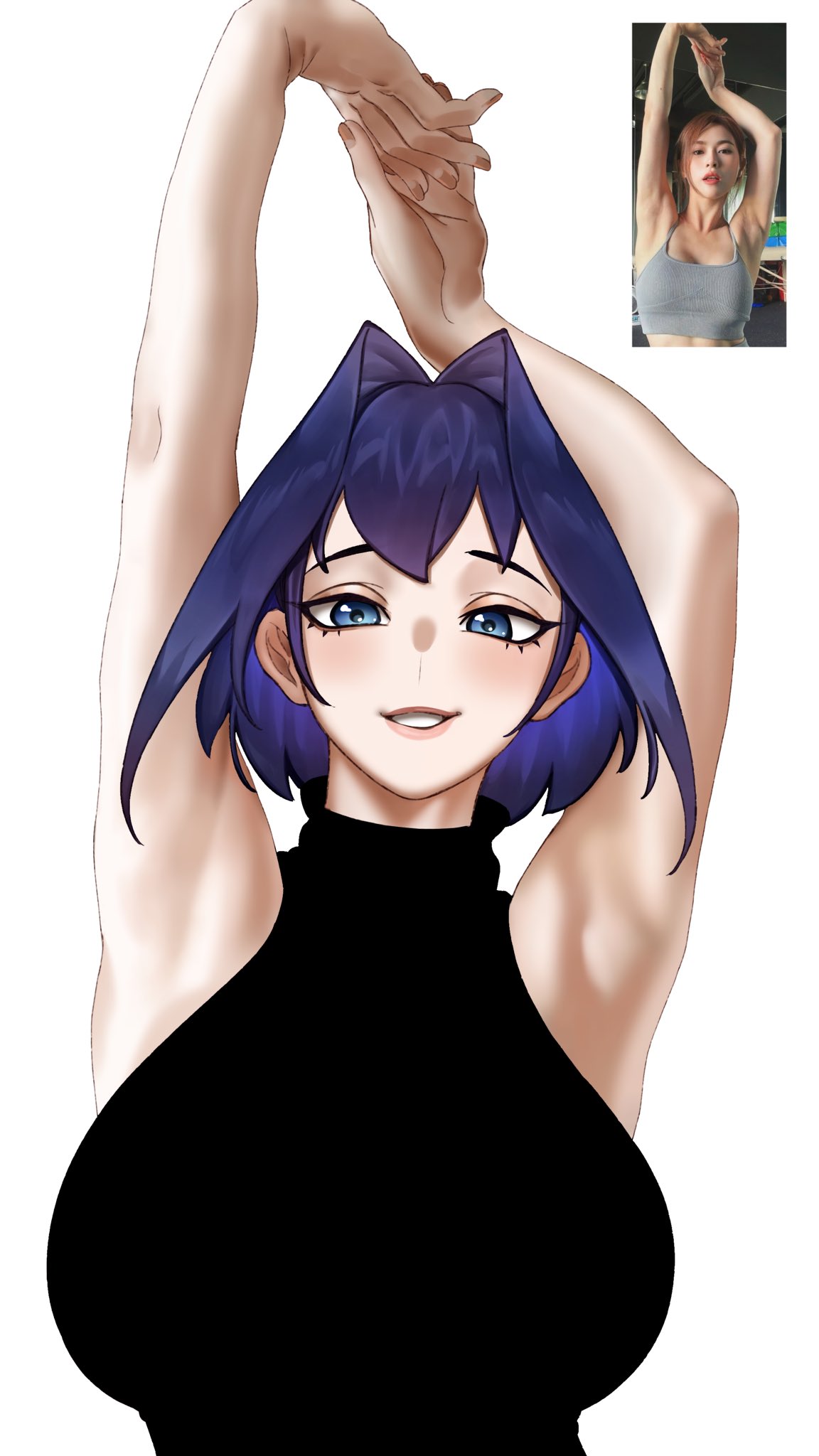 schwannitysan, ouro kronii, hololive, hololive english, highres, photo-referenced, 1girl, alternate costume, armpits, arms up, black sweater, blue eyes, blue hair, breasts, hair intakes, huge breasts, looking at viewer, medium hair, photo inset, simple background, sleeveless, sleeveless turtleneck, solo, sweater, turtleneck, turtleneck sweater, virtual youtuber, white background