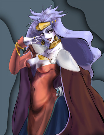 sakata3, queen zeal, chrono (series), chrono trigger, lowres, 1990s (style), 1girl, breasts, cape, cleavage, covered erect nipples, crown, earrings, female focus, jewelry, long hair, mature female, medium breasts, nipple slip, nipples, pale skin, purple eyes, purple hair, retro artstyle, solo