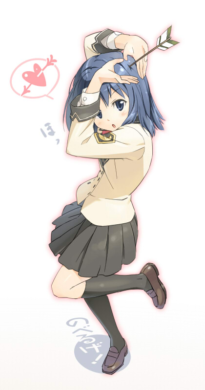 om (nk2007), itoi kaede, noberuge, 1girl, arrow (projectile), arrow in body, arrow in head, black socks, blue hair, brown shoes, copyright name, female focus, full body, gradient background, kneehighs, object through head, school uniform, shoes, short hair, socks, solo