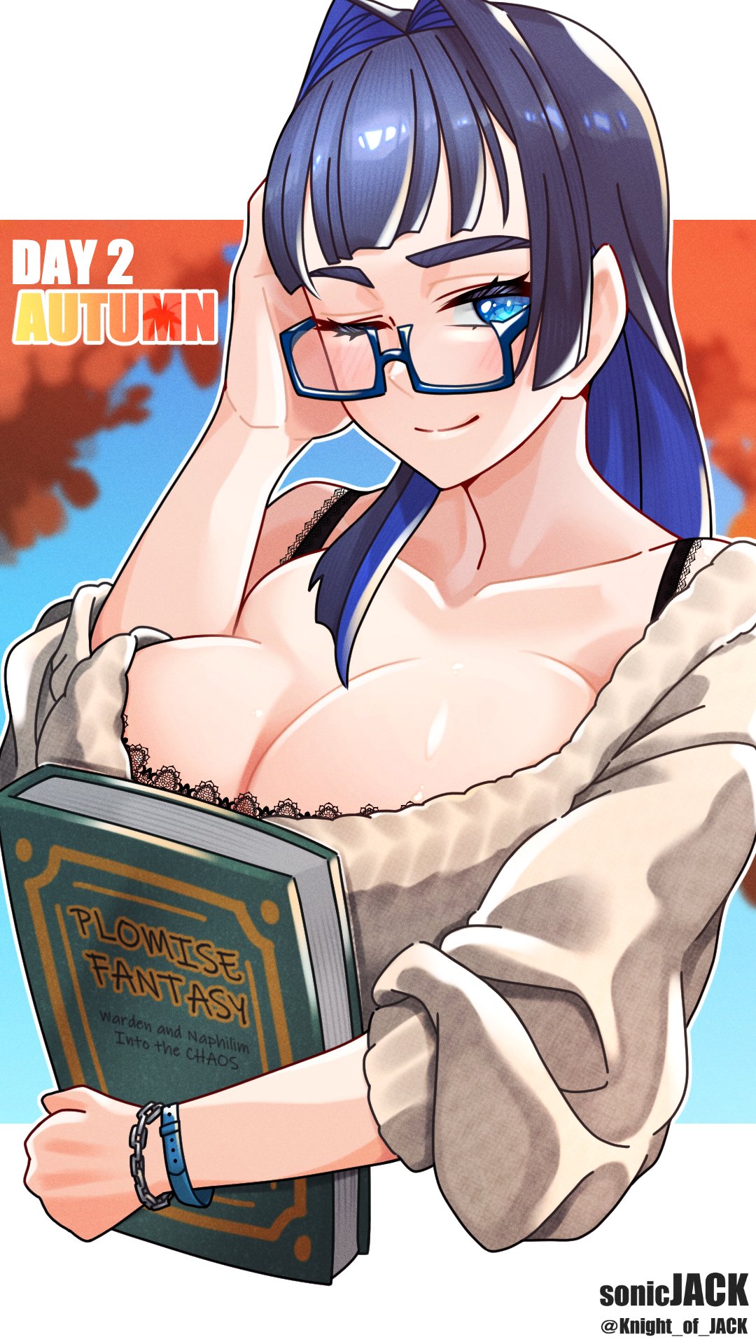knight of jack, ouro kronii, hololive, hololive english, highres, 1girl, ;), black bra, black hair, blue eyes, blue hair, book, bra, bra strap, breasts, cleavage, closed mouth, colored inner hair, glasses, grey sweater, holding, holding book, huge breasts, long hair, multicolored hair, one eye closed, semi-rimless eyewear, smile, solo, sweater, thick eyebrows, underwear, virtual youtuber, wristband