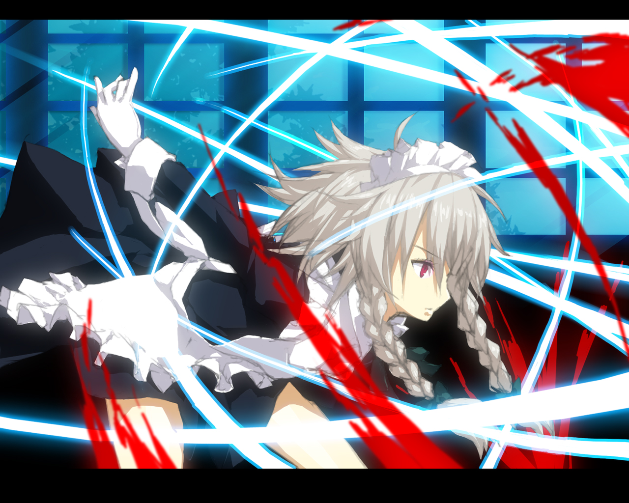 chronoel, izayoi sakuya, embodiment of scarlet devil, touhou, 1girl, alternate eye color, apron, arm behind back, battle, blood, braid, danmaku, female focus, gloves, hair between eyes, letterboxed, maid, maid apron, red eyes, short hair, slashing, solo, swept bangs, twin braids, white hair