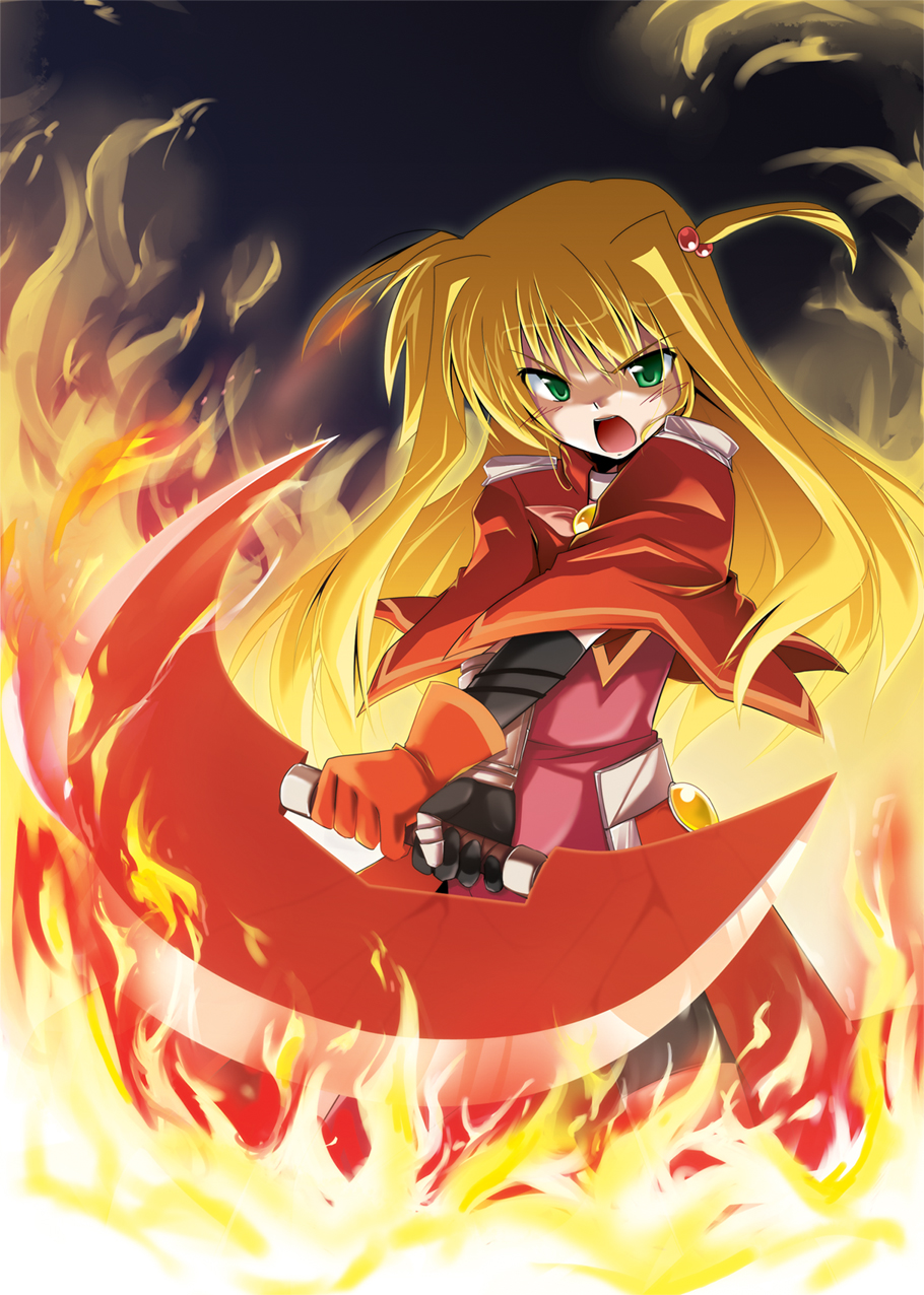 kusanagi, kusanagi (noi's), arisa bunnings, burning arisa, lyrical nanoha, mahou shoujo lyrical nanoha, bad id, bad pixiv id, highres, 00s, 1girl, blonde hair, cape, female focus, fire, gloves, green eyes, long hair, solo, twintails, weapon