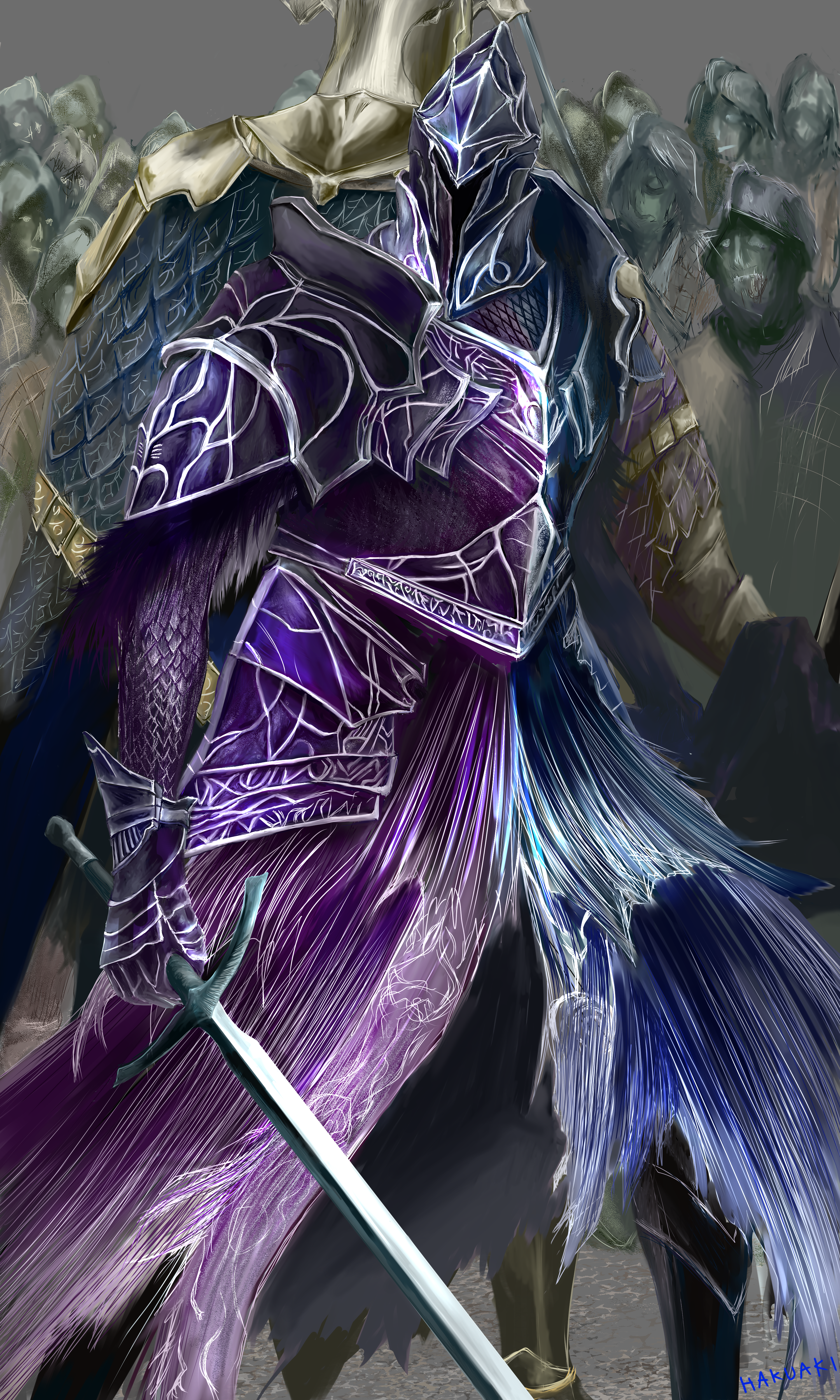fume knight, velstadt the royal aegis, dark souls (series), dark souls ii, absurdres, commentary request, highres, 6+boys, armor, back-to-back, black boots, boots, breastplate, chainmail, feet out of frame, full armor, gauntlets, gold armor, grey background, hakuaki515, helm, helmet, holding, holding sword, holding weapon, knight, male focus, multiple boys, pauldrons, purple armor, shoulder armor, standing, sword, undead, weapon