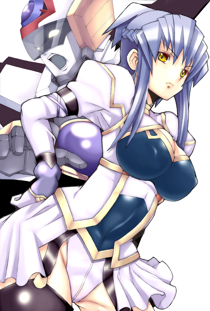 kannagi kaname, faye xin lu, choujuushin gravion, choujuushin gravion zwei, bad id, bad pixiv id, highres, 00s, 1girl, blue hair, breasts, covered erect nipples, female focus, long hair, mecha, robot, solo, thighhighs, yellow eyes