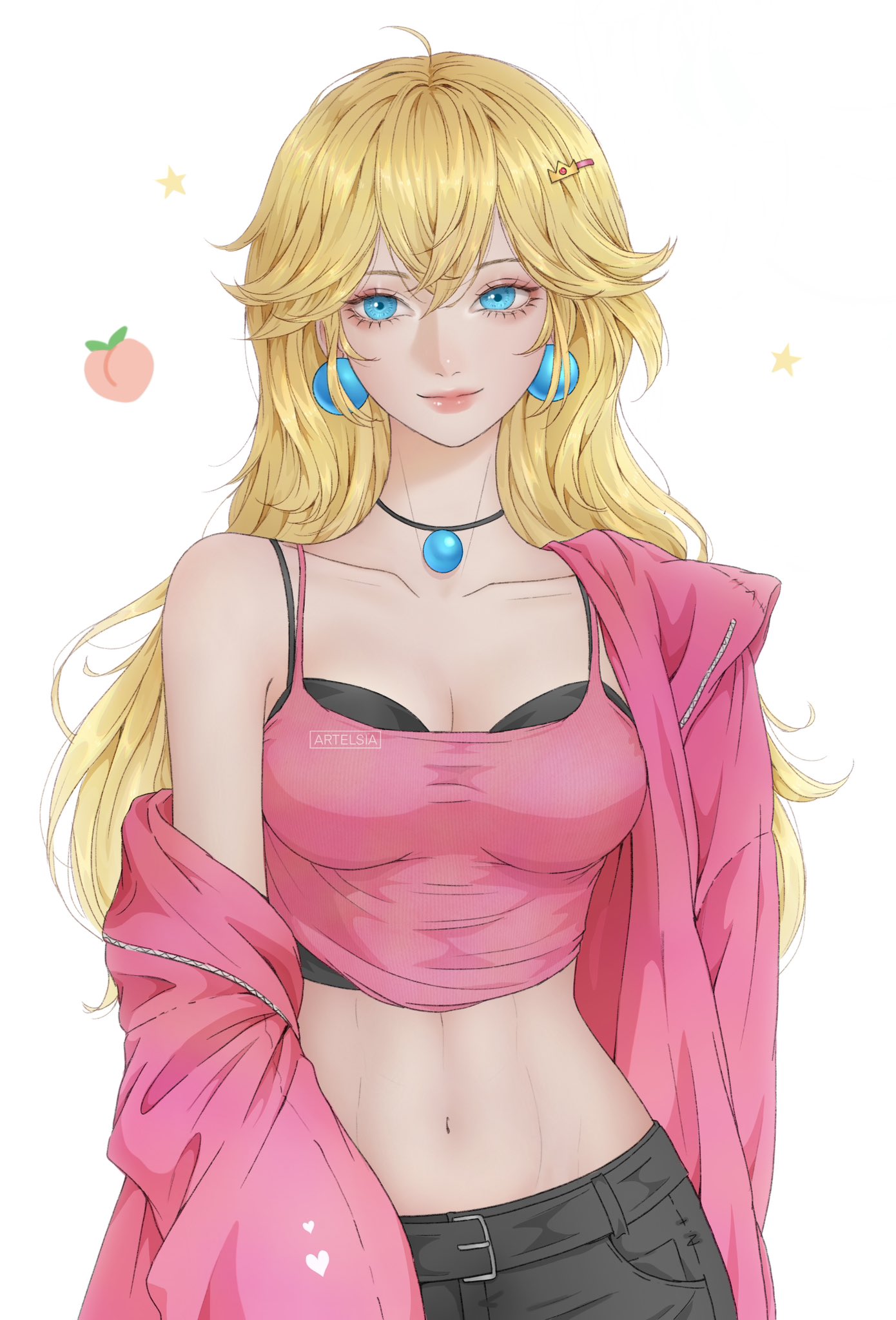 artelsia, princess peach, mario (series), nintendo, highres, 1girl, alternate costume, belt, black bra, black choker, black pants, blonde hair, blue eyes, blush, bra, breasts, choker, cleavage, closed mouth, collarbone, earrings, food, fruit, hair ornament, hairclip, jacket, jewelry, long hair, looking at viewer, medium breasts, midriff, navel, open clothes, open jacket, pants, peach, pink jacket, pink tank top, simple background, single bare shoulder, smile, solo, sphere earrings, star (symbol), tank top, underwear, upper body, white background
