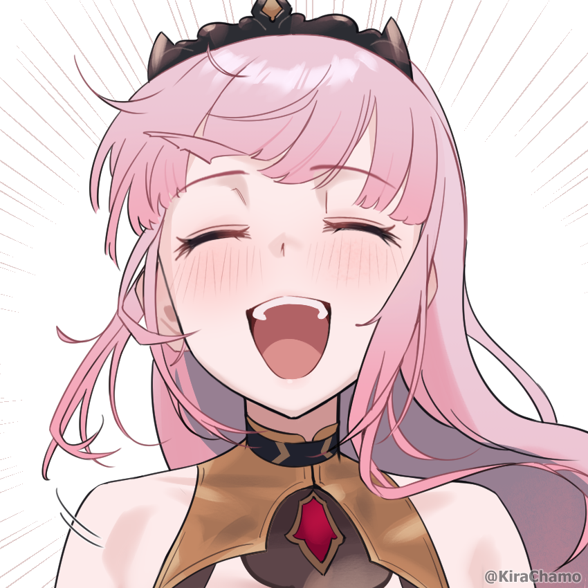 kirachamo, mori calliope, mori calliope (1st costume), hololive, hololive english, commentary, english commentary, 1girl, black tiara, closed eyes, emphasis lines, long hair, open mouth, pink hair, solo, teeth, tiara, twitter username, upper teeth only, virtual youtuber, white background
