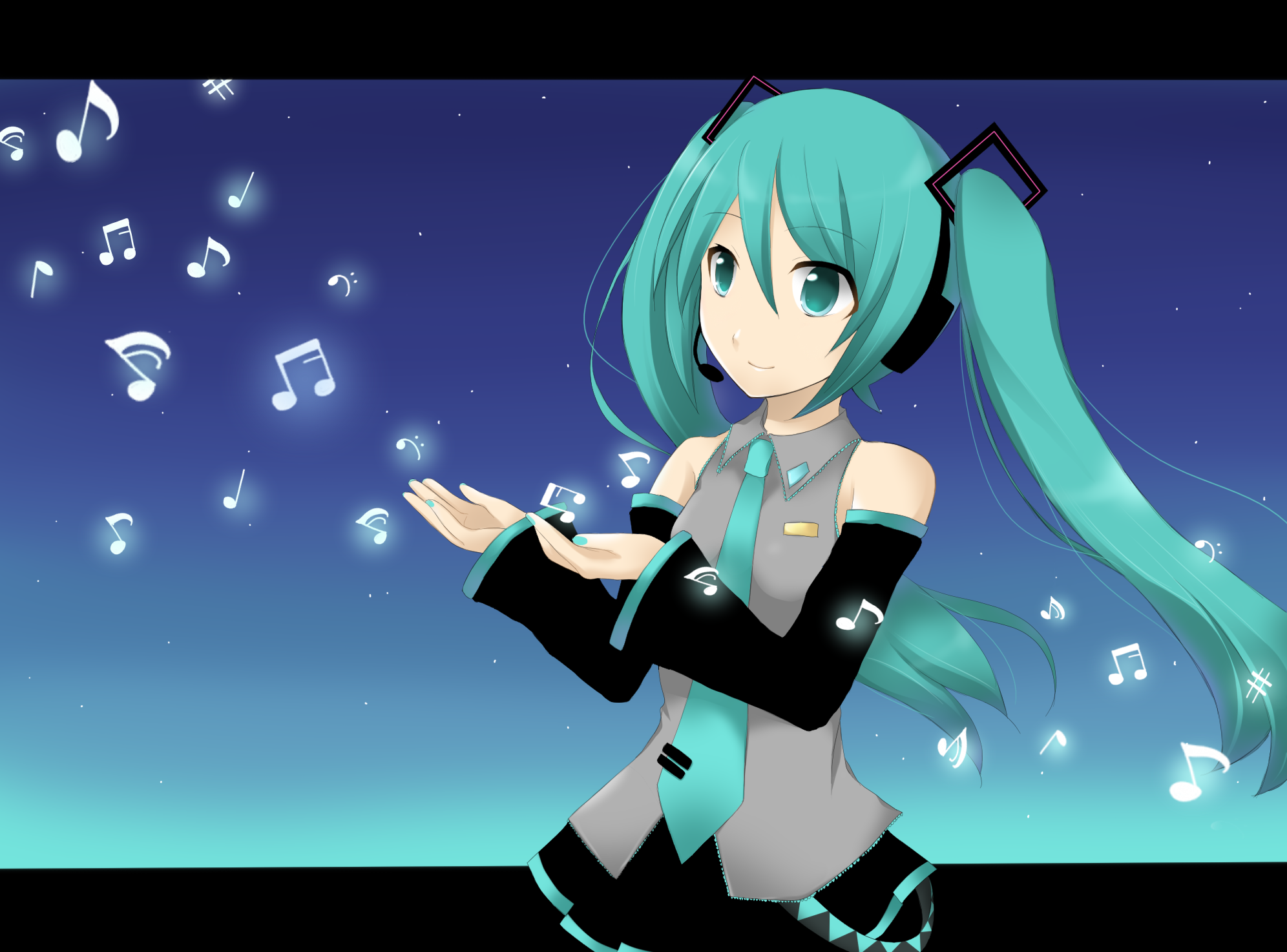 amagu, hatsune miku, vocaloid, bad id, bad pixiv id, highres, 1girl, aqua hair, bass clef, female focus, letterboxed, musical note, quaver, sharp sign, solo, twintails