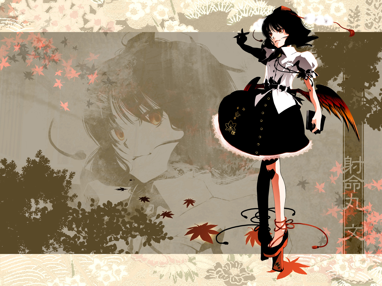 mochinue, shameimaru aya, touhou, highres, 1girl, book, female focus, geta, hat, leaf, looking at viewer, maple leaf, no socks, solo, tengu-geta, tokin hat, wings, zoom layer