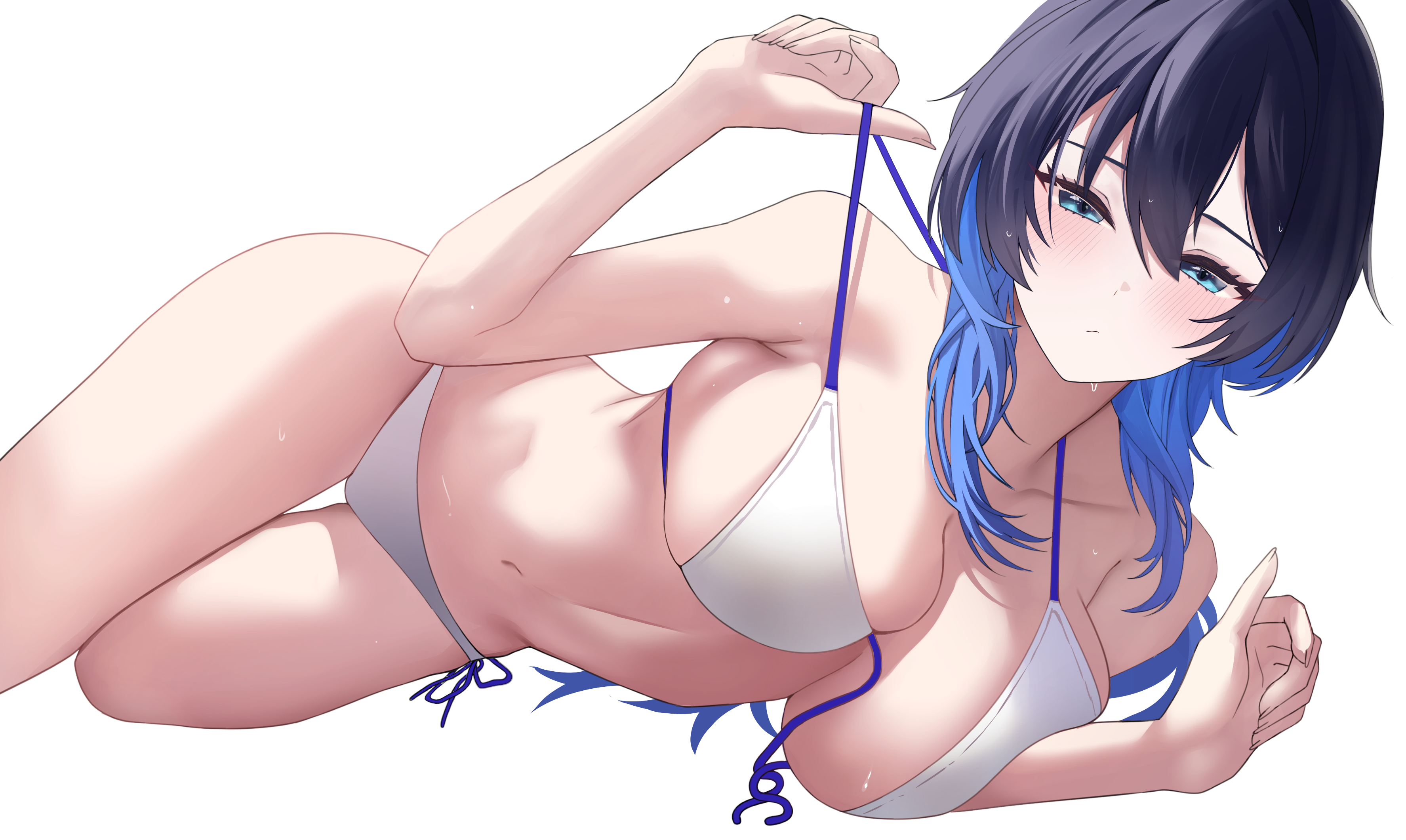 si farid, ouro kronii, hololive, hololive english, absurdres, commentary, highres, 1girl, alternate costume, bikini, blue eyes, blue hair, breasts, cleavage, colored inner hair, large breasts, looking at viewer, lying, multicolored hair, navel, official alternate hairstyle, open clothes, simple background, solo, stomach, strap lift, swimsuit, untied bikini, white background, white bikini, wolf cut