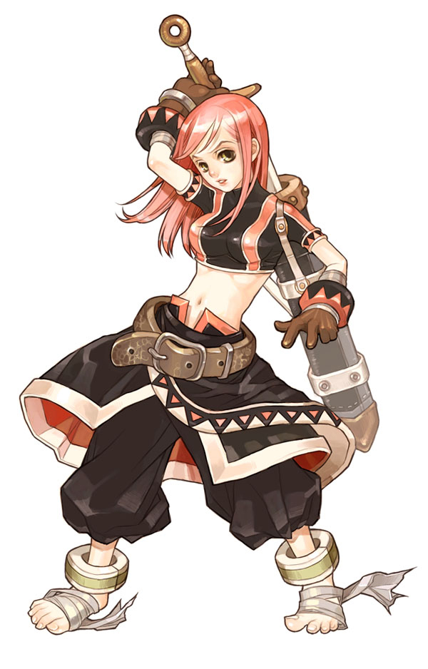 asgard, nexon, artist request, official art, second-party source, 1girl, ankle cuffs, arm wrap, baggy pants, belt, belt buckle, black pants, black sarong, black shirt, black sleeves, breasts, brown belt, brown gloves, buckle, crop top, cropped shirt, double vertical stripe, foot wraps, full body, gloves, green eyes, large belt, legs apart, lips, long hair, long sidelocks, medium breasts, midriff, navel, nose, pants, parted lips, pink hair, sarong, sheath, shirt, sidelocks, solo, standing, straight hair, striped clothes, striped shirt, striped sleeves, swept bangs, sword, toenails, toes, two-sided sarong, unsheathing, vertical-striped clothes, vertical-striped shirt, vertical-striped sleeves, warrior (asgard), weapon, white background, white trim, wrist cuffs