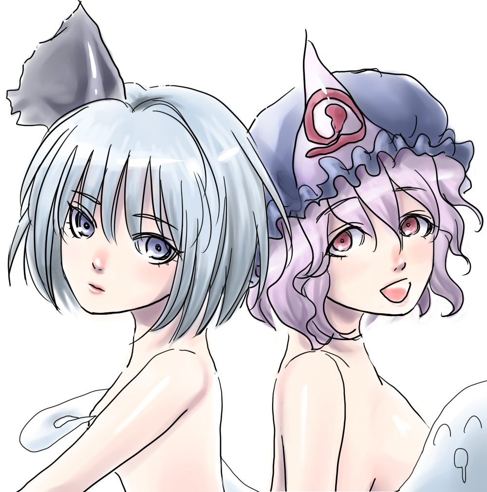 waya, konpaku youmu, konpaku youmu (ghost), saigyouji yuyuko, touhou, bad id, bad pixiv id, 2girls, female focus, hitodama, multiple girls, nude