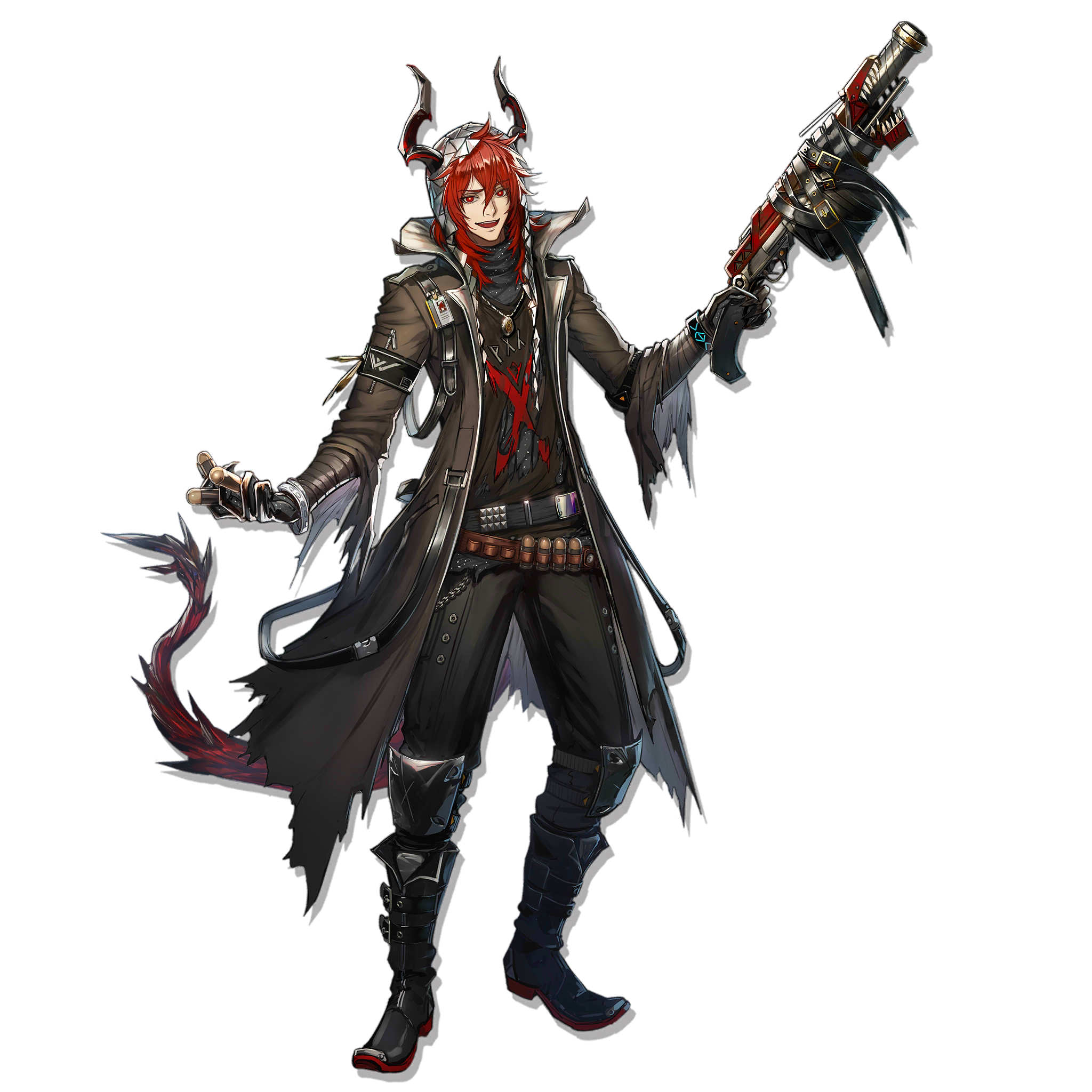 ryuuzaki ichi, infection monitor (arknights), sesa (arknights), arknights, highres, official art, third-party source, 1boy, bandolier, belt, black boots, black hoodie, black pants, black shirt, boots, brown coat, coat, dragon tail, drop shadow, full body, grenade launcher, gun, helmet, holding, holding gun, holding weapon, hood, hoodie, horns, jewelry, knee pads, long hair, long sleeves, male focus, mole, mole under eye, necklace, pants, red eyes, red hair, shirt, smile, solo, tail, torn clothes, torn coat, transparent background, weapon